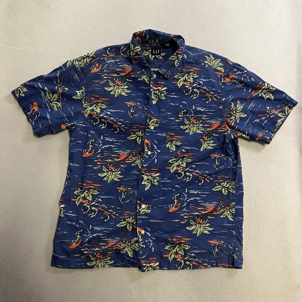 Gap L Button Up Shirt Size Medium Blue Palm Trees Surfing Print Short Sleeve Y2K